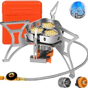 6800W Camping Backpacking Stove, Outdoor Portable Burner Cooking Stove with Fuel Canister Adapter, Piezo Ignition, Carry Case, Foldable Windproof Camping Gas Stove for Picnic Hiking